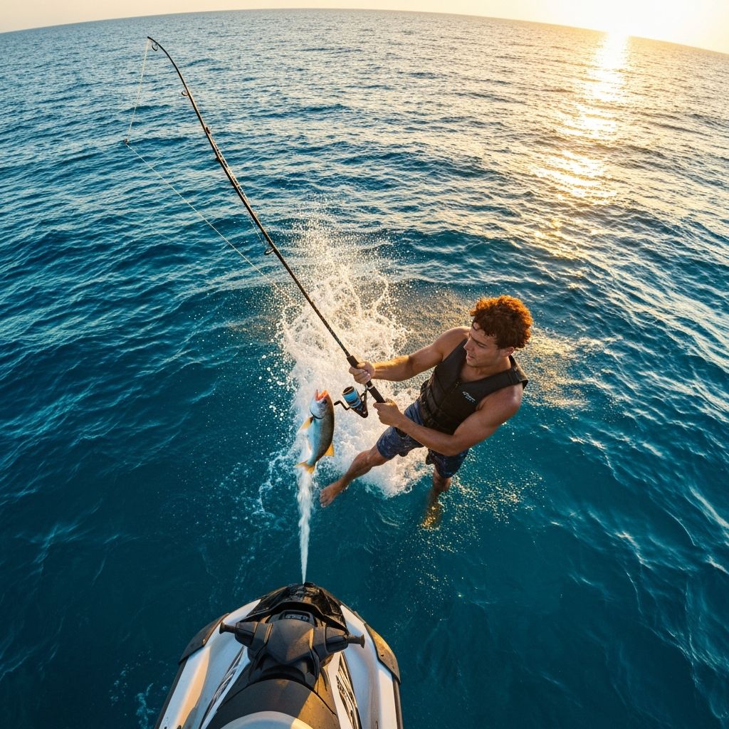 Jet ski fishing adventure at sunrise