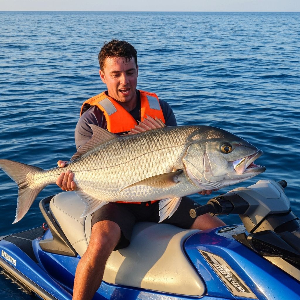 Angler holding a freshly caught fish on a jet ski