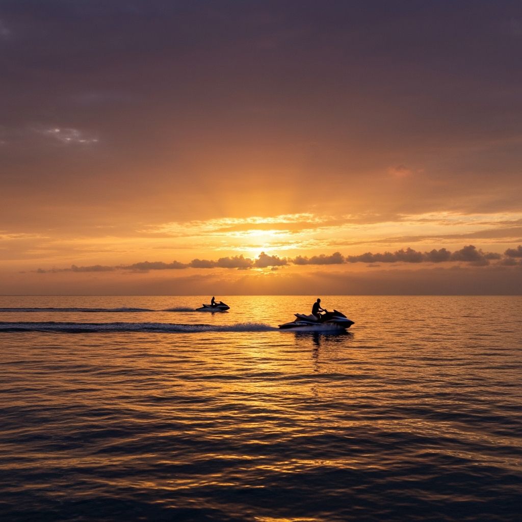 Sunset over the ocean with jet ski silhouettes